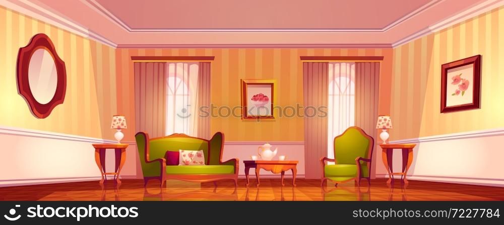 Victorian living room, old royal baroque empty interior in classical empire style, Comfortable luxury lounge apartments with retro furniture and floor-to-ceiling windows, Cartoon vector illustration. Victorian living room, old royal baroque interior