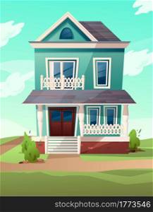 Victorian retro style building. Cartoon illustration of an apartment house on nature landscape. Vector.