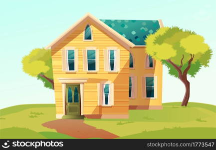 Victorian retro style building. Cartoon illustration of an apartment house on nature landscape. Vector.