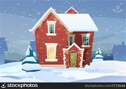 Victorian retro style building with fir tree at yard, light from windows, lanterns for xmas. Christmas celebration decor. Cartoon vector illustration.