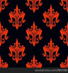 Victorian seamless floral heraldic pattern of orange medieval fleur-de-lis with decorative leaves scrolls and flowers on dark blue background. May be use as fabric print or heraldry theme design. Floral heraldic seamless pattern of fleur-de-lis
