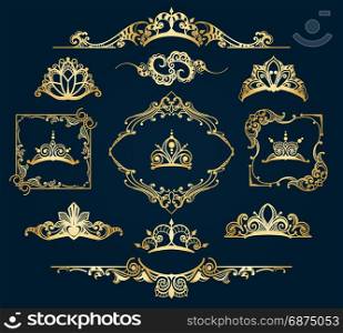 Victorian style golden decor elements. Victorian style golden decor elements. Filigree vector royal motif gold design calligraphic ornament items isolated on blue background