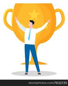 Victorious person, man with trophy. Male wearing formal clothing, prize with star, golden cup with handles. Winner victory in business. Vector illustration in flat cartoon style. Award for Businessman, Trophy for Male Victory