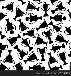 Victory celebration and award ceremony black and white seamless pattern with decorative silhouettes of winner bowls and trophy cups. Use as sporting competition or career challenge design. Black and white seamless trophy cups pattern