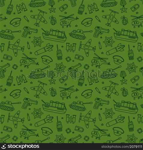 Victory day 9 may seamless pattern. Hand drawn background for Defender of the Fatherland Day 23 february. Kid drawing for army day. Doodle vector illustration on green background.. Victory day 9 may seamless pattern. Hand drawn background for Defender of the Fatherland Day 23 february. Kid drawing for army day. Doodle vector illustration on green background