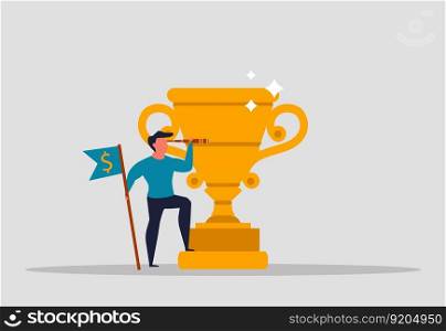 Victory in business, a man stands near the trophy and looks into the future from a telescope. Achievement in leadership, triumph of victory and reward for work. vector illustration