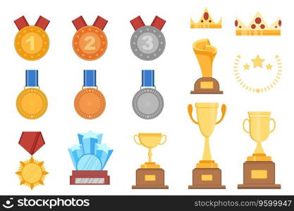 Victory trophies set in cartoon design. Bundle of golden, silver and bronze medals, win crowns, different gold cups, star emblems and other award prizes isolated flat elements. Vector illustration