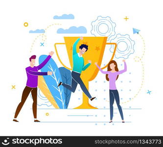 Victory With Prize Fund Vector Illustration. People Rejoice at Victory and Achievement Goal. Community Company Successful Leaders Rejoice at New Achievements and Victories Cartoon Flat.