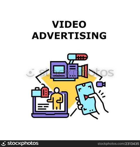 Video Advertising Vector Icon Concept. Camera Electronic Device For Making Video Advertising And Watching Promotional Clip On Laptop Screen Or Smartphone Display Color Illustration. Video Advertising Vector Concept Color Illustration