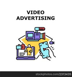 Video Advertising Vector Icon Concept. Camera Electronic Device For Making Video Advertising And Watching Promotional Clip On Laptop Screen Or Smartphone Display Color Illustration. Video Advertising Vector Concept Color Illustration