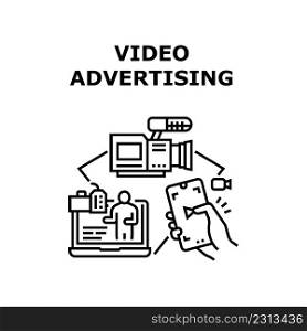 Video Advertising Vector Icon Concept. Camera Electronic Device For Making Video Advertising And Watching Promotional Clip On Laptop Screen Or Smartphone Display Black Illustration. Video Advertising Vector Concept Black Illustration