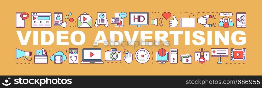 Video advertising word concepts banner. SMM. Video streaming. Vlog. Isolated lettering typography idea with linear icons. Social media marketing. Vector outline illustration. Video advertising word concepts banner