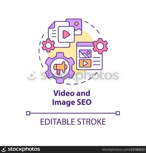 Video and image SEO concept icon. Promotion content. Current digital marketing trend abstract idea thin line illustration. Isolated outline drawing. Editable stroke. Arial, Myriad Pro-Bold fonts used. Video and image SEO concept icon
