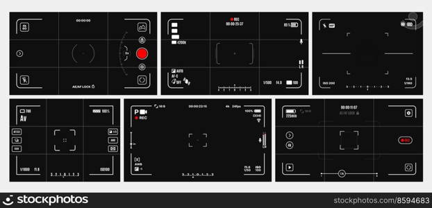 Video and photo camera viewfinder screen or display frames, vector cam rec and focus. Video or photo camera viewfinder overlay with interface grid for picture capture on digital camcorder screen. Video and photo camera viewfinder screen display