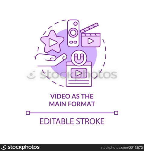 Video as main format purple concept icon. Ads technology. Content marketing trend abstract idea thin line illustration. Isolated outline drawing. Editable stroke. Arial, Myriad Pro-Bold fonts used. Video as main format purple concept icon