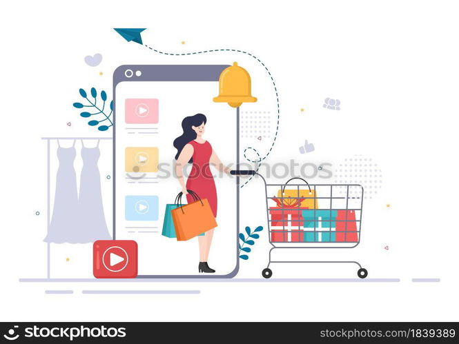 Video Beauty Blogger Content Creator Background of Making Clothing, Dress, Fashion, Online Shopping Flat Design Vector Illustration