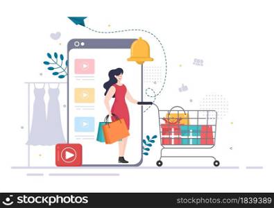 Video Beauty Blogger Content Creator Background of Making Clothing, Dress, Fashion, Online Shopping Flat Design Vector Illustration