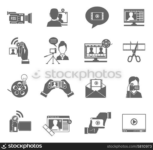 Video blog social media communication black icons set isolated vector illustration. Video Blog Icons Set