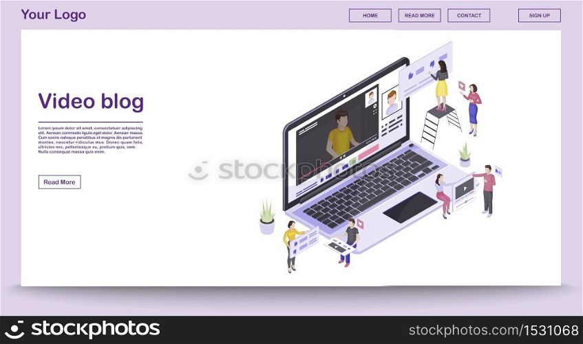 Video blog web page vector template with isometric illustration. Video streaming and hosting. Website interface design. Social media and vlogging 3d concept. Video tutorials. Isolated clipart. Video blog web page vector template with isometric illustration