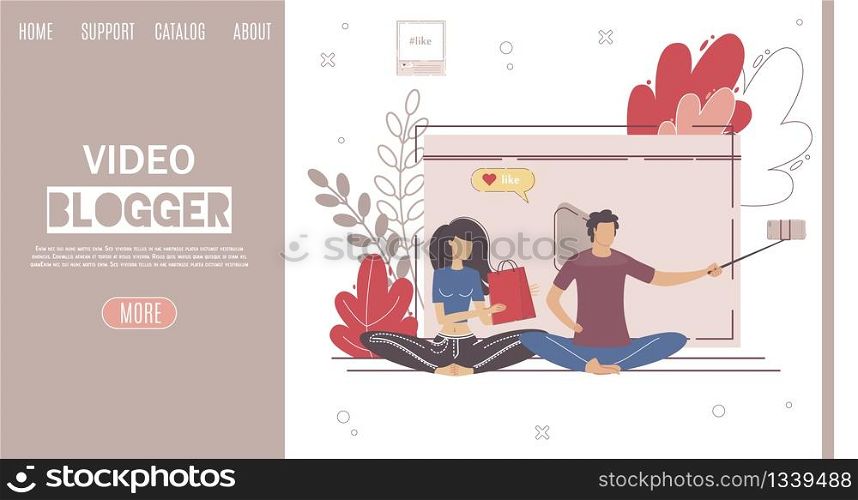 Video Blogger Channel, Digital Content Production Creators Team, Hosting for Vlog Landing Page, Web Banner Template. Blogging Man and Woman Characters Recording Video Trendy Flat Vector Illustration