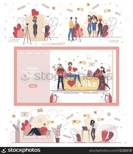 Video Blogger Channel, Social Media Content Creator, Live Steamer or Podcast Author Web Banner, Personal Site Landing Page Constructor with Man and Women Characters Trendy Flat Vector Illustration