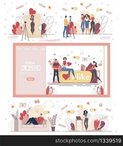 Video Blogger Channel, Social Media Content Creator, Live Steamer or Podcast Author Web Banner, Personal Site Landing Page Constructor with Man and Women Characters Trendy Flat Vector Illustration