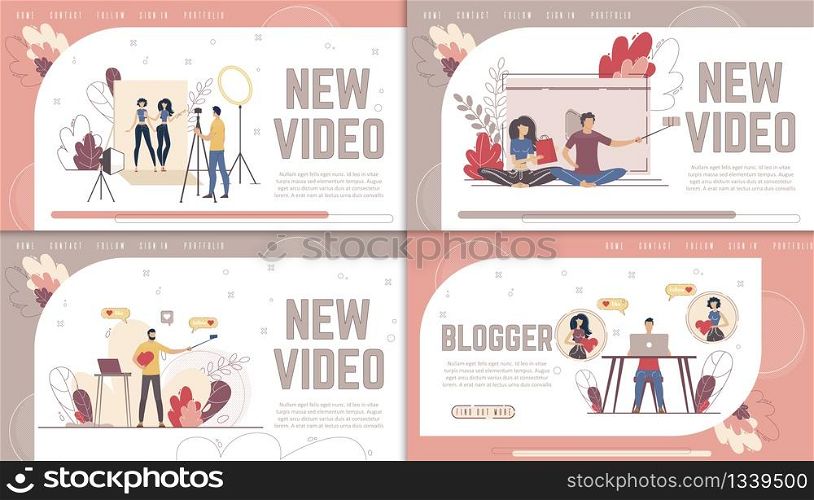 Video Blogger, Live Video Streamer, Lifestyle and Beauty Vlogger, Online Content Production Studio Website, Landing Page Templates Set. - Trendy Flat Vector Illustration
