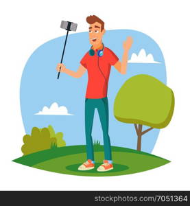 Video Blogger Vector. Modern Blogger Recording Video Blog, Vlog. Blogger Shoots Video. Cartoon Character Illustration. Video Blogger Vector. Cheerful Young Blogger Man. Vlog Concept. Shooting Video Clip. Flat Cartoon Illustration