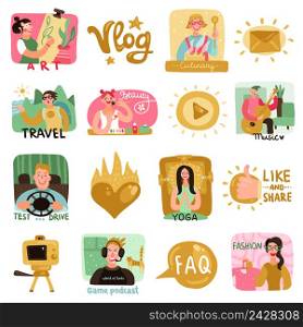 Video bloggers icons set with beauty culinary and travel symbols flat isolated vector illustration. Video Bloggers Icons Set