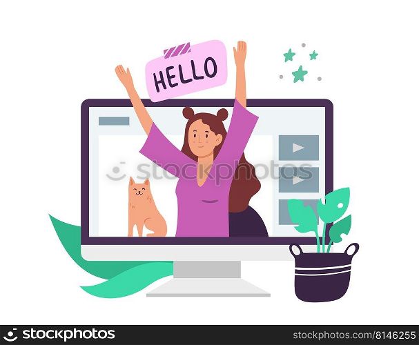 Video bloggers. Young girl on desktop computer screen greeting followers. Female character with cat having social media channel, making online lifestyle videos. Digital content vector. Video bloggers. Young girl on desktop computer screen greeting followers. Female character with cat having channel