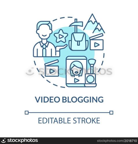 Video blogging blue concept icon. Way to make money online abstract idea thin line illustration. Vlogger shooting. Educational and travel vlogs. Vector isolated outline color drawing. Editable stroke. Video blogging blue concept icon