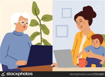 Video call. Family calling computer, online conversation. Young woman hold baby and remote talking with mother vector concept. Online family video chat, call and talk using laptop illustration. Video call. Family calling computer, online conversation. Young woman hold baby and remote talking with mother vector concept
