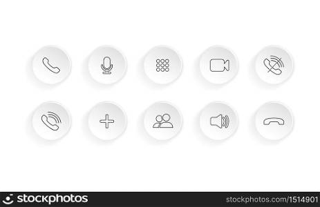 Video call icon set. Communication symbol. Phone, sound, microphone, camera, call symbols. Vector on isolated white background for applications, web, app. EPS 10.. Video call icon set. Communication symbol. Phone, sound, microphone, camera, call symbols. Vector on isolated white background for applications, web, app. EPS 10