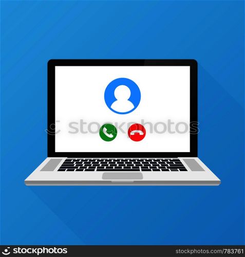 Video call on laptop screen. Laptop with incoming call, man profile picture and accept decline buttons. Vector stock illustration.