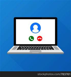 Video call on laptop screen. Laptop with incoming call, man profile picture and accept decline buttons. Vector stock illustration.