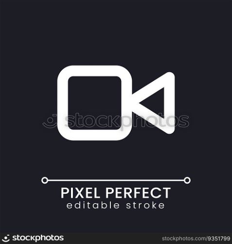 Video call pixel perfect white linear ui icon for dark theme. Conversation with camera. Vector line pictogram. Isolated user interface symbol for night mode. Editable stroke. Poppins font used. Video call pixel perfect white linear ui icon for dark theme