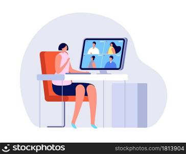 Video call. Woman close computer, online conference or meeting from home. Virtual office, girl and friends digital chat vector illustration. Internet computer online video chat communication. Video call. Woman close computer, online conference or meeting from home. Virtual office, girl and friends digital chat vector illustration