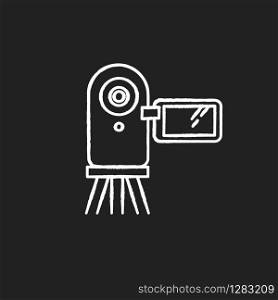 Video camera chalk white icon on black background. Digital recording gadget. Electronic motion picture. Filming, shooting. Portable camcorder. Mobile device. Isolated vector chalkboard illustration
