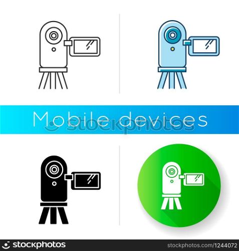 Video camera icon. Digital recording gadget. Electronic motion picture. Filming, shooting. Portable camcorder. Handheld mobile device. Linear black and RGB color styles. Isolated vector illustrations