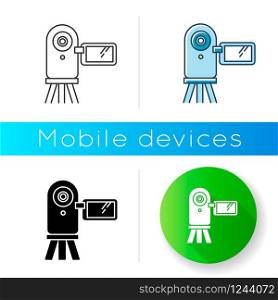 Video camera icon. Digital recording gadget. Electronic motion picture. Filming, shooting. Portable camcorder. Handheld mobile device. Linear black and RGB color styles. Isolated vector illustrations