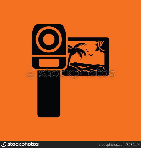 Video camera icon. Orange background with black. Vector illustration.