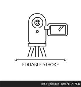 Video camera pixel perfect linear icon. Digital recording gadget. Electronic motion picture. Thin line customizable illustration. Contour symbol. Vector isolated outline drawing. Editable stroke