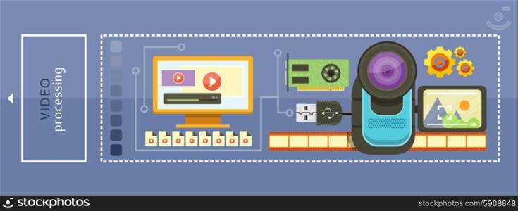 Video camera with cinema tape on background and memory card cartoon flat design. Monitor with media player and video files. Video processing concept. Video Processing Concept