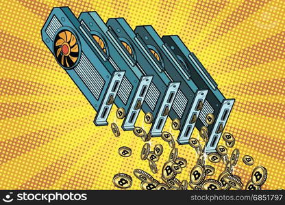 Video card pours cryptocurrency bitcoin. Pop art retro comic book vector illustration. Video card pours cryptocurrency bitcoin