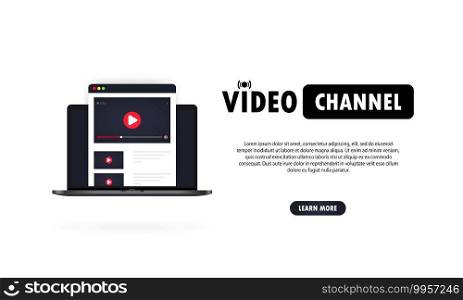 Video channel illustration. Watching vlog, webinars, lecture, lesson or training online on laptop. Vector on isolated white background. EPS 10.. Video channel illustration. Watching vlog, webinars, lecture, lesson or training online on laptop. Vector on isolated white background. EPS 10