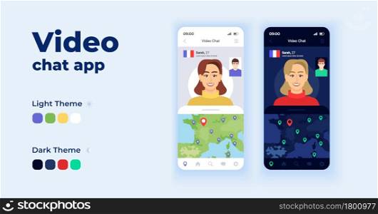 Video chat app cartoon smartphone interface vector templates set. Mobile app screen page day and dark mode design. Explore the world virtually UI for application. Phone display with flat character. Video chat app cartoon smartphone interface vector templates set