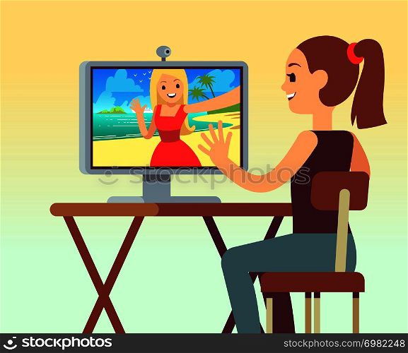 Video chat between friends in headset on computer with camera. Online chatting and comunication vector concept. Web internet communication with computer illustration. Video chat between friends in headset on computer with camera. Online chatting and comunication vector concept