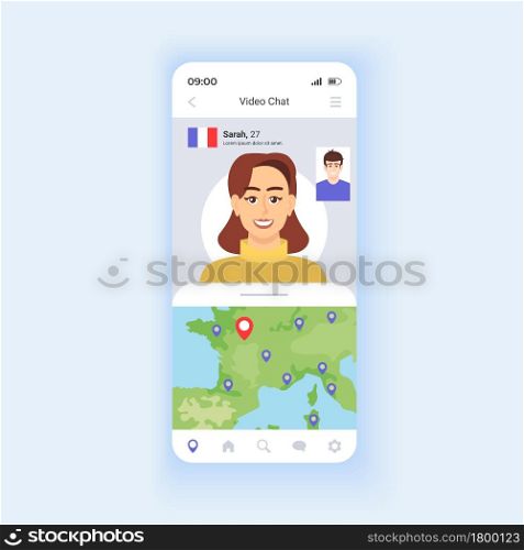 Video chat smartphone interface vector template. Mobile app page design layout. Dating screen. Making friends worldwide. Explore the world and travel virtually. Flat UI for application. Phone display. Video chat smartphone interface vector template