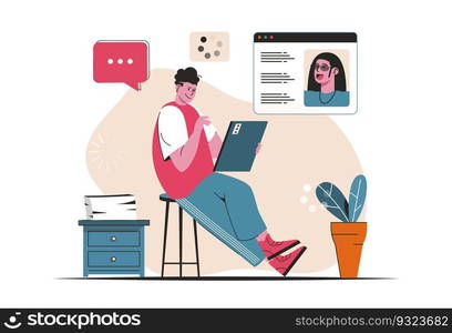 Video chatting concept isolated. Friends talk using video calls in the messenger. People scene in flat cartoon design. Vector illustration for blogging, website, mobile app, promotional materials.