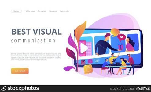 Video chatting, Internet hosting. Market tendencies analyzing. Visual storytelling, eye-catching design trend, best visual communication concept. Website homepage landing web page template.. Visual storytelling concept landing page.